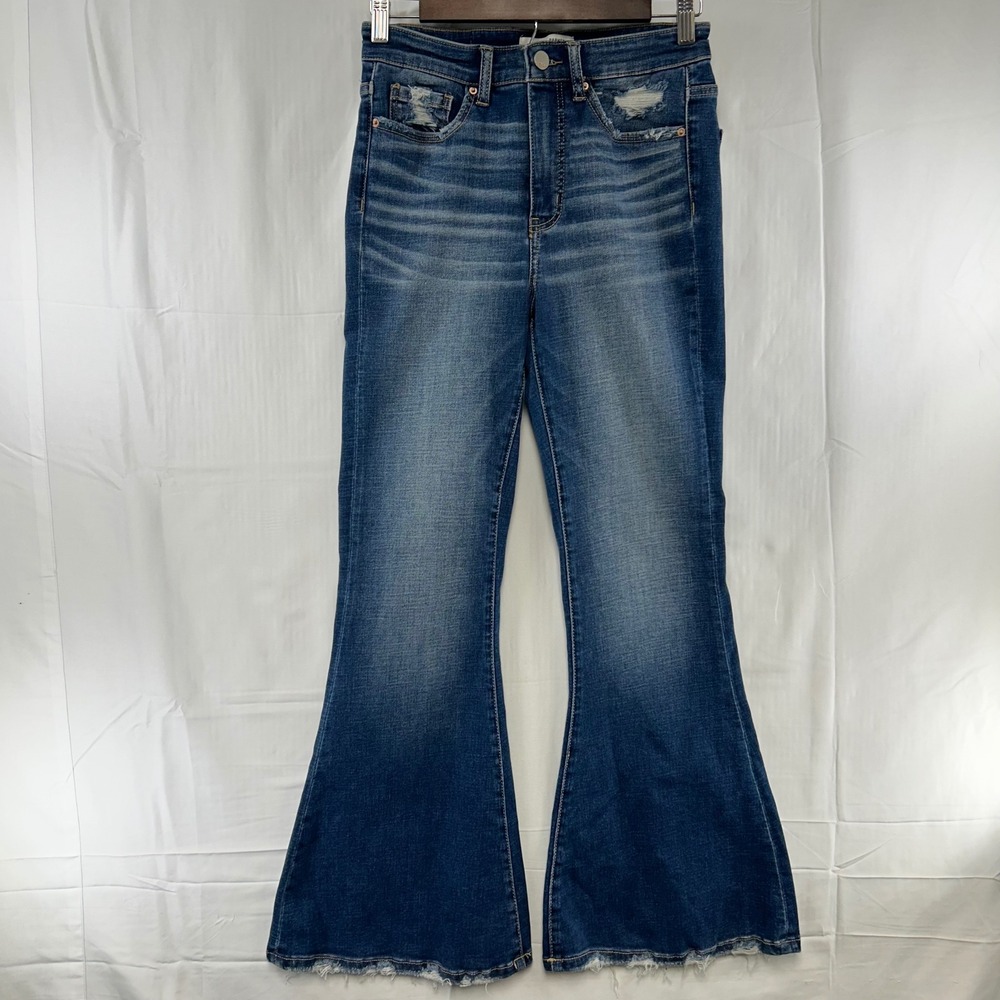BKE Parker Super Flare Jeans Womens 25 Blue Distressed High Rise Bell Bottoms